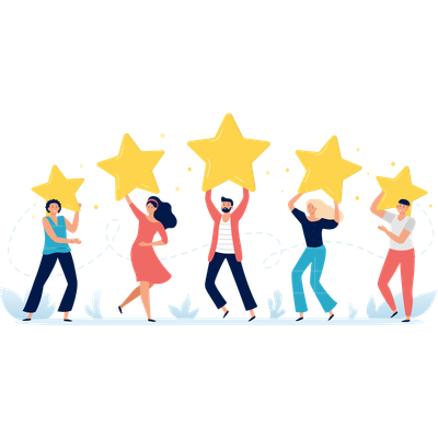 Personnages célébrant un taux de satisfaction clients de 98 % pour Gîtes de France.